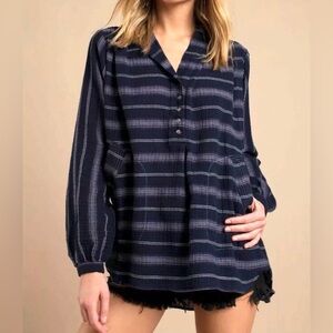 Free People Rolling Clouds Navy/White Striped Cotton Gauze Lightweight Hooded L